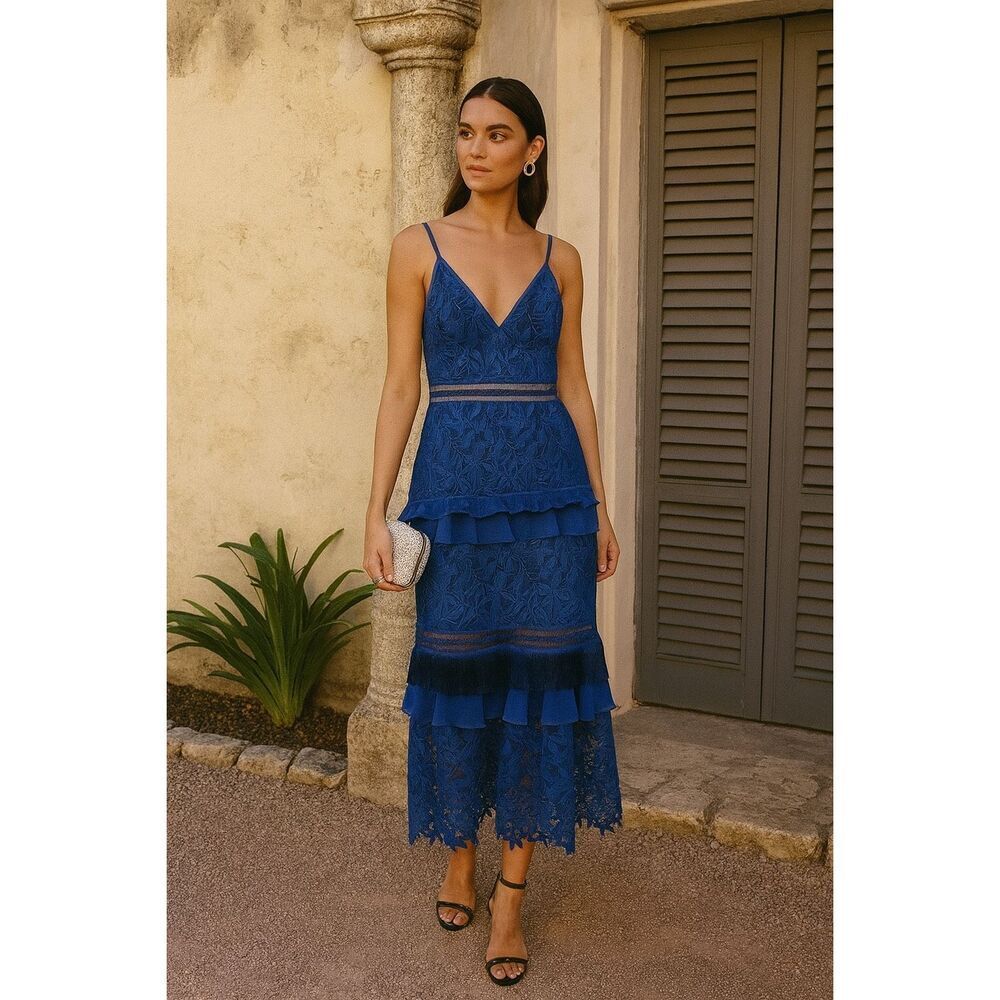 Liv Foster tiered Lace Gown in Blue Party Cocktail Date Brunch Dress size 6 NWT